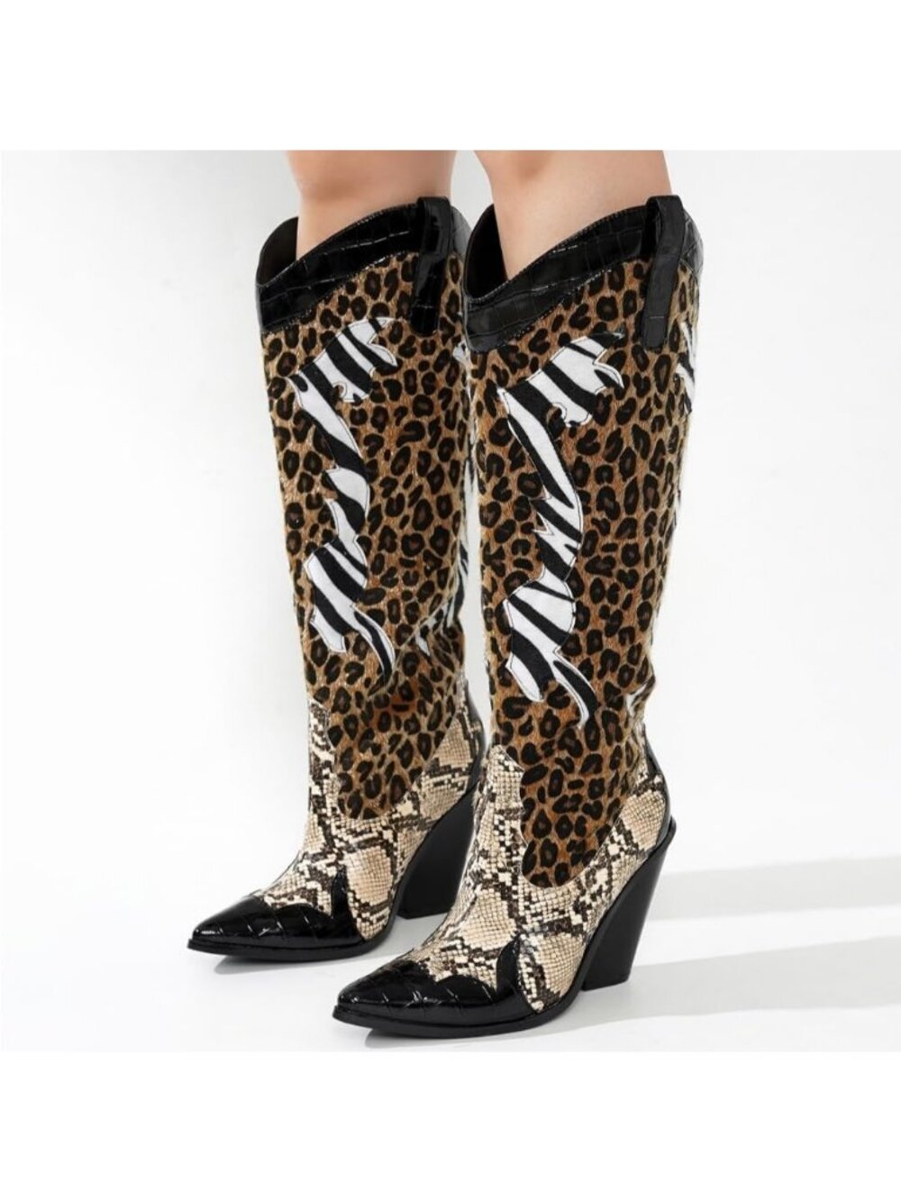 Women's Black Polyurethane Animal Print Pull-On Pointed Toe Over The Knee Boots - Picture 5 of 6
